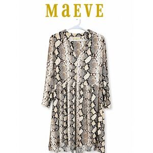 Maeve Anthropologie Snake Print Swing Dress Large Boho Tiered V Neck